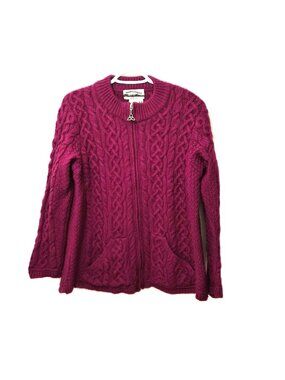 VTG Aran Crafts Merino Wool Zip Cardigan Magenta Cozy Hygge Scandi Slow Fashion